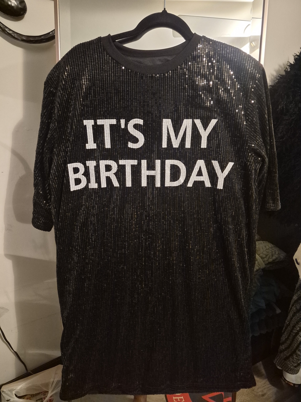Sequin "IT'S MY BIRTHDAY" Tunic Tee in Black